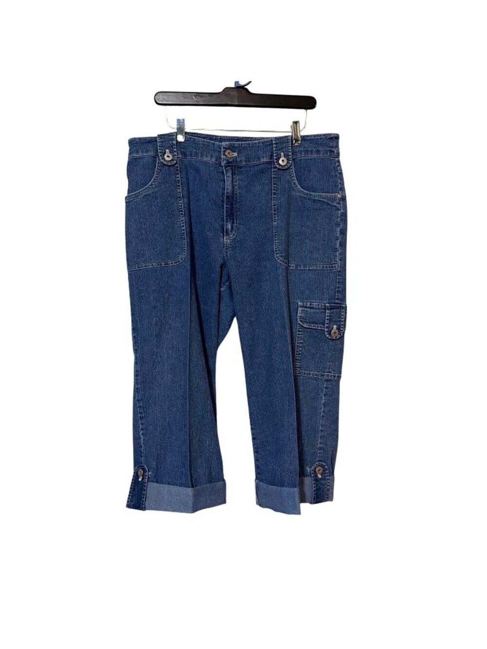 Erika Petite Womens Denim Capri Pants Size 14P With Pockets & Button Cuffs